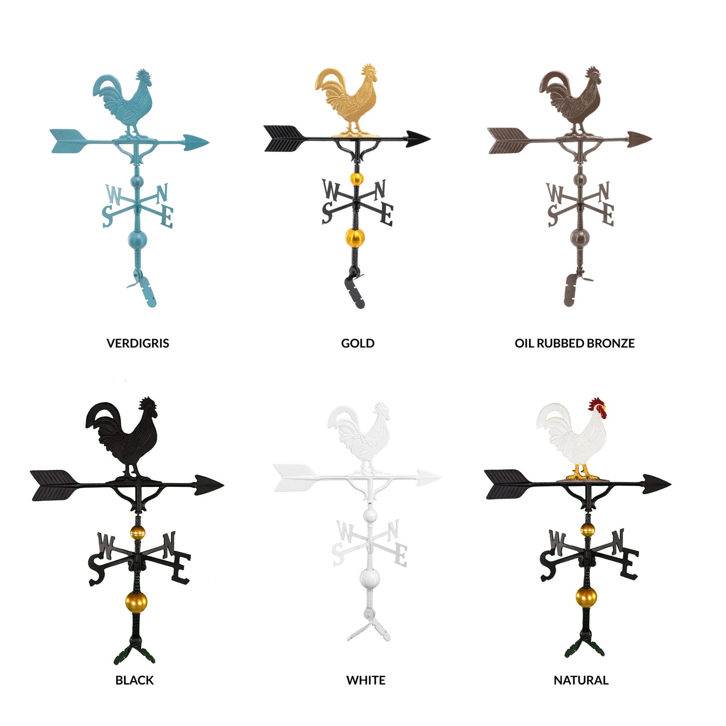 Rooster Weathervane - Made in the USA - Cupola Mount - Roof Mount Included - 6 Color Options